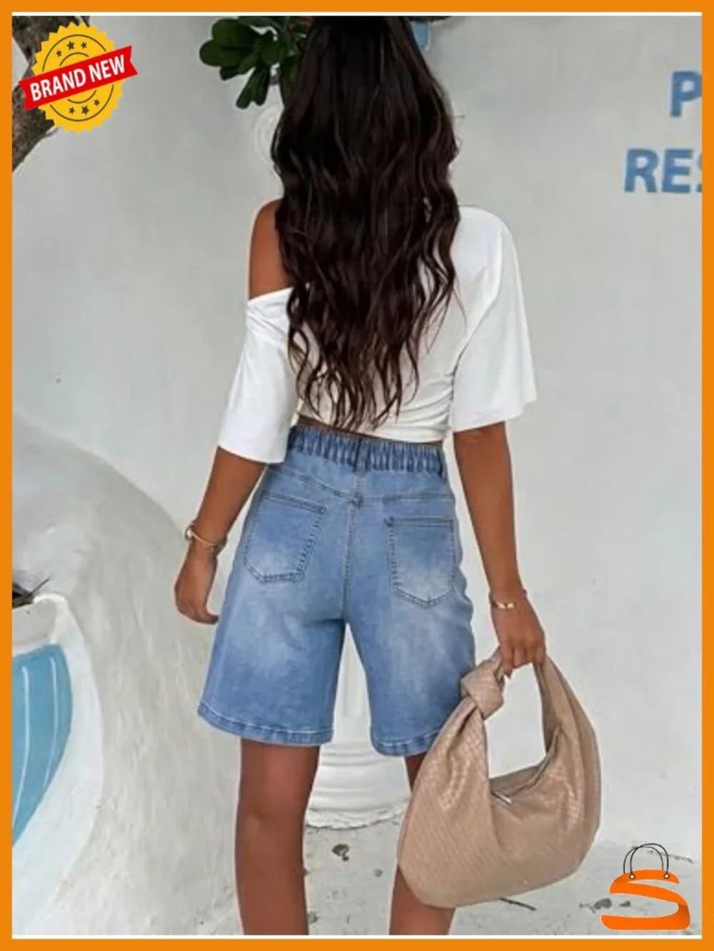 Stretchy Denim Bermuda Shorts with Elastic Waist and Pockets